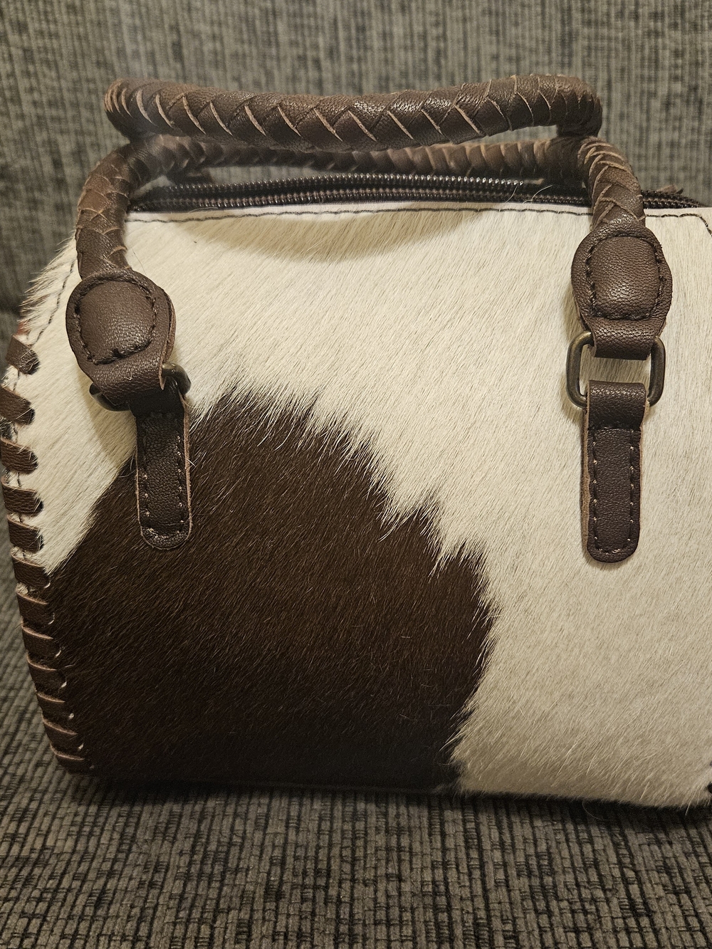 Cowhide Satchel Handbag in Brown and White | Mini Speedy